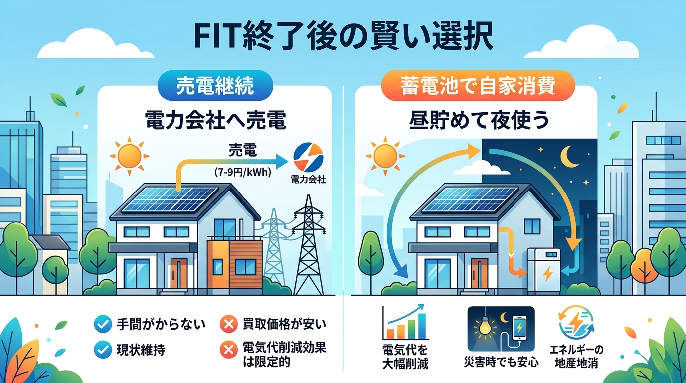 日本人と現代日本を舞台にすること, 「卒FIT後の太陽光発電」をテーマにしたインフォグラフィック。中央に「FIT終了後の賢い選択」と題し、2つの選択肢を比較。左に「売電継続」:太陽光パネルの家から電力