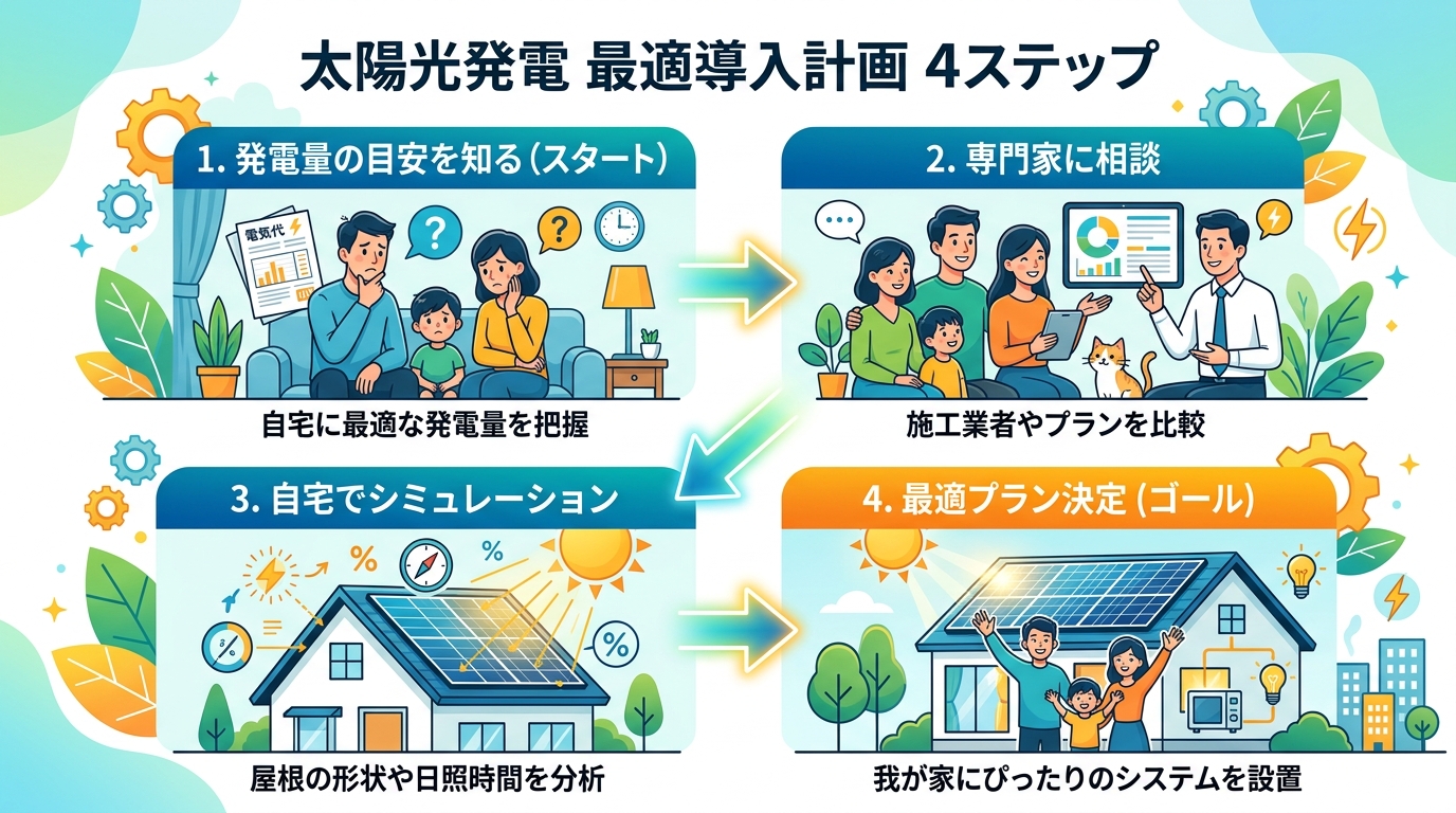 日本人と現代日本を舞台にすること, 太陽光発電の最適な導入計画を解説する4ステップのインフォグラフィック。親しみやすいデジタルイラストで、1.「発電量の目安を知る（スタート）」で悩む家族、2.「専門家