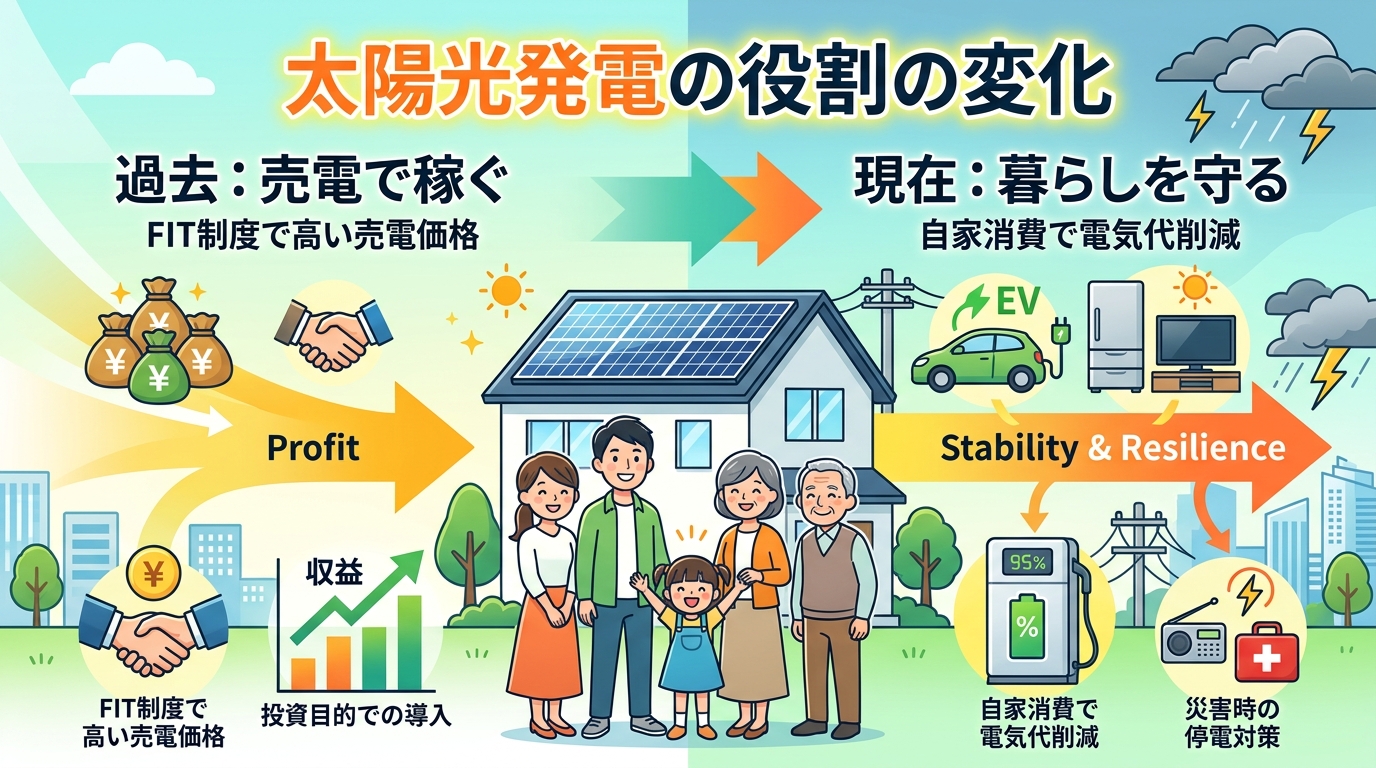 日本人と現代日本を舞台にすること, 太陽光発電のメリットの変化を示すインフォグラフィック。中央に太陽光パネル付きの家を配置。左半分は「過去：売電で稼ぐ」をテーマにお金のアイコンを、右半分は「現在：暮ら
