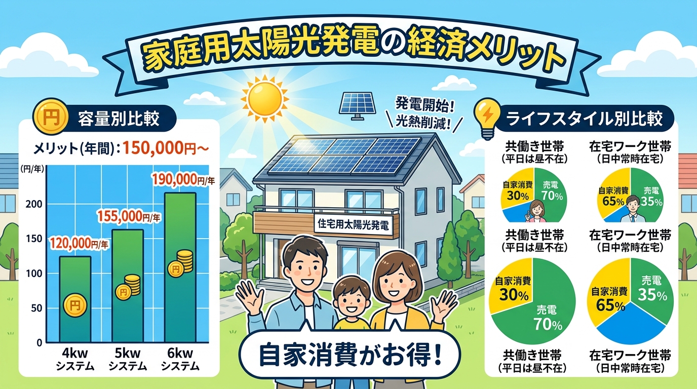 日本人と現代日本を舞台にすること, 家庭用太陽光発電の経済メリットを解説するインフォグラフィック。明るく分かりやすいデジタルイラスト風。中央に太陽光パネルのある家。左に「容量別比較」として4kW, 5