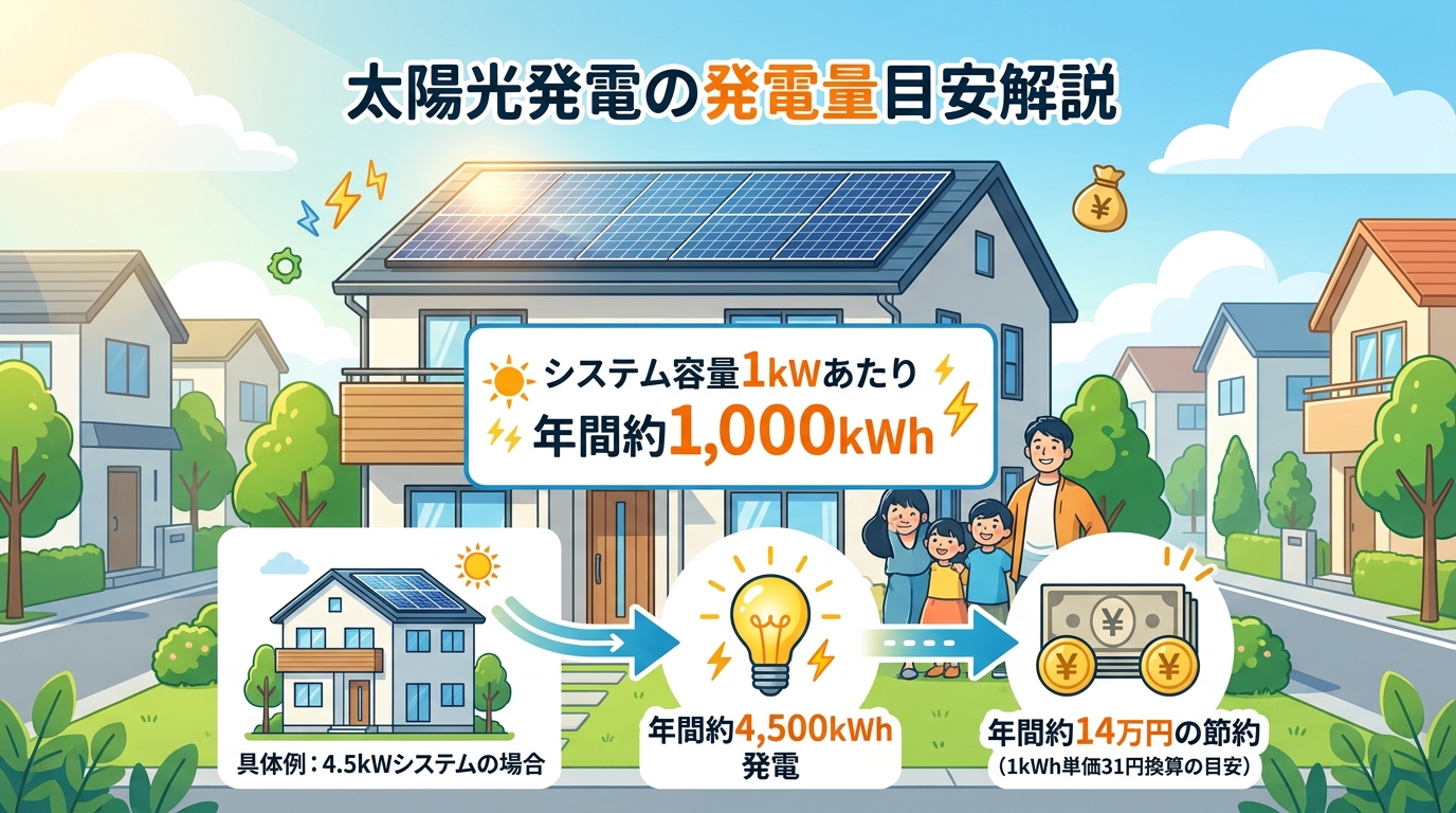 日本人と現代日本を舞台にすること, 太陽光発電の発電量目安を解説するインフォグラフィック。中央に太陽光パネル付きの家を配置し、「システム容量1kWあたり年間約1,000kWh」という基本情報を大きく示