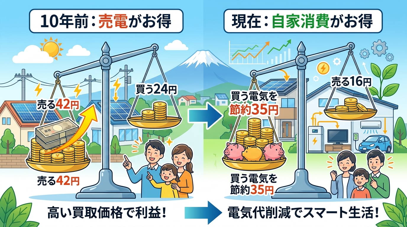 日本人と現代日本を舞台にすること, インフォグラフィック、太陽光発電の価値の変化を示す比較図。左に「10年前:売電がお得」、右に「現在:自家消費がお得」と配置。左側は天秤で「売る42円」が「買う24円