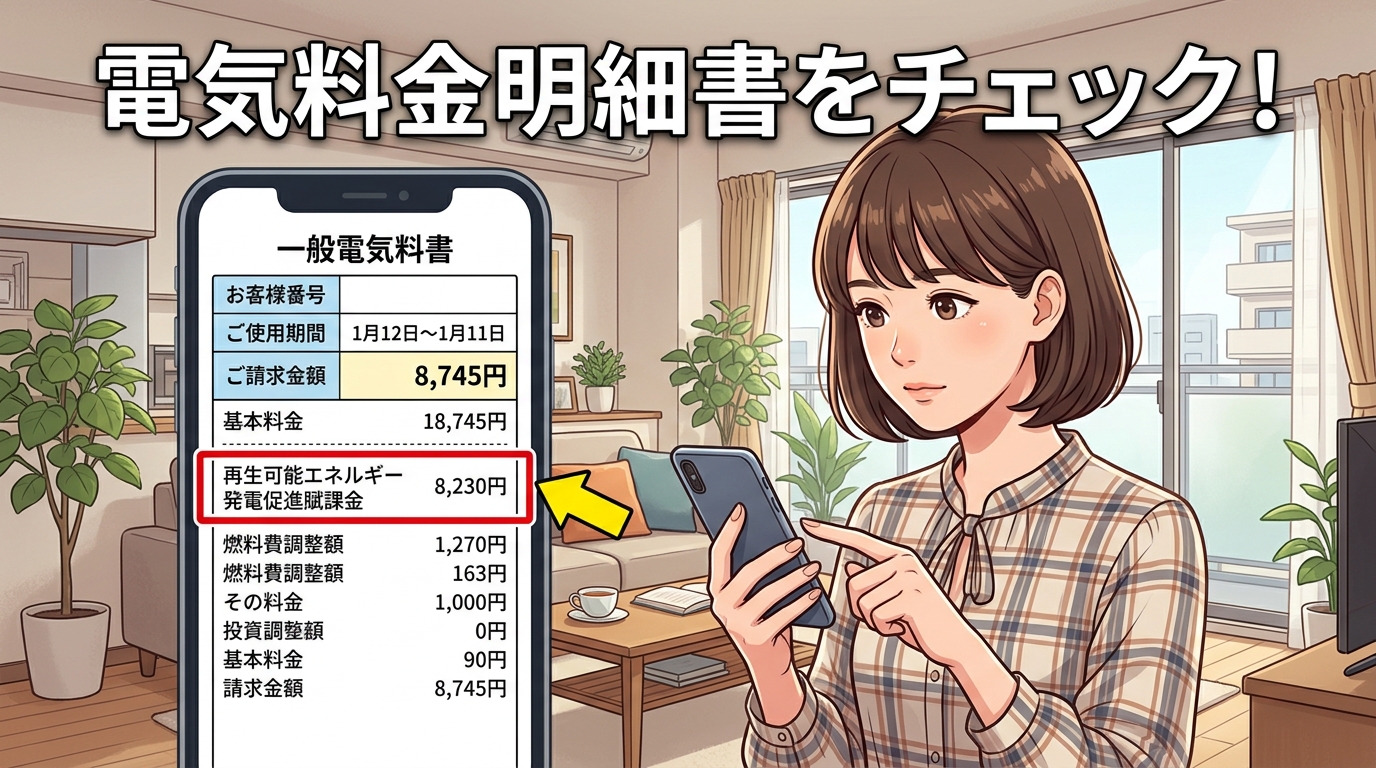 一般的な電気料金明細書のサンプル画像。「再生可能エネルギー発電促進賦課金」の項目を赤枠で囲み、読者が自分の明細書と見比べられるようにする]