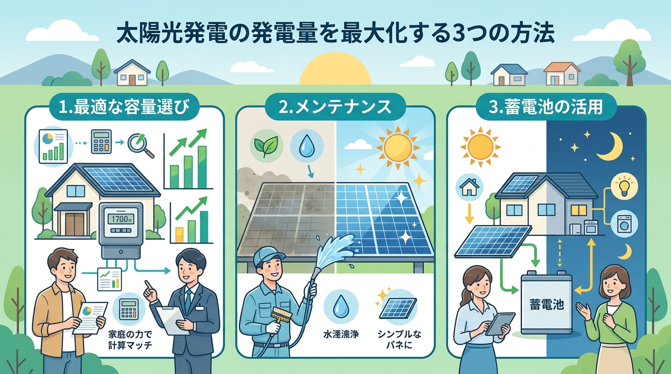 日本人と現代日本を舞台にすること, 「太陽光発電の発電量を最大化する3つの方法」というテーマのインフォグラフィック。明るい青と緑を基調としたフラットデザイン。左に「1.最適な容量選び」として家のアイコ