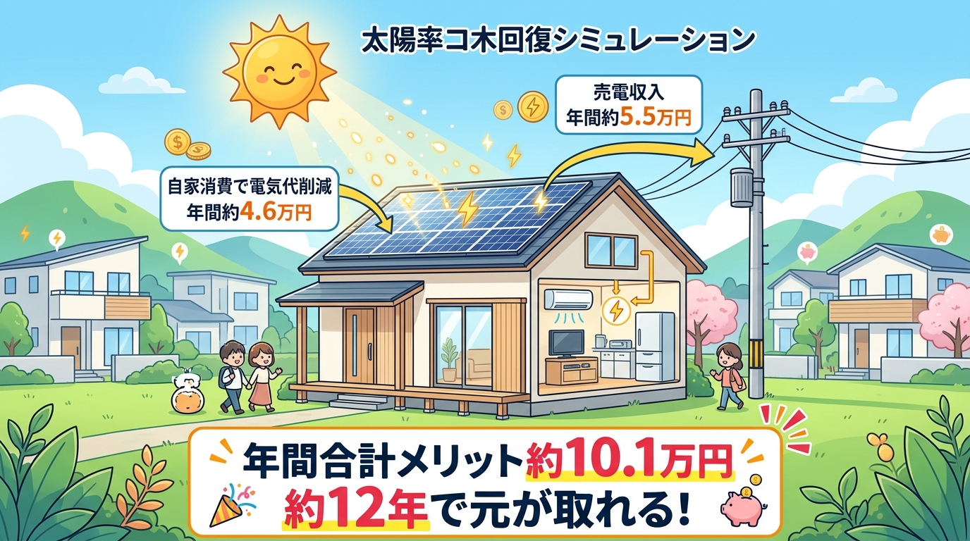 日本人と現代日本を舞台にすること, 太陽光発電の費用回収シミュレーションを解説するインフォグラフィック。中央に太陽光パネル付きの家を配置し、太陽からの光が電気になる様子を描く。家への矢印に「自家消費で