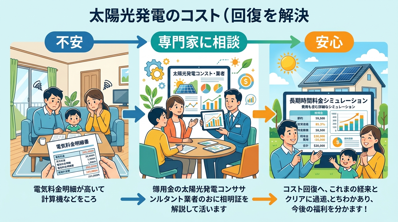 日本人と現代日本を舞台にすること, 太陽光発電の費用回収の不安が解消されるプロセスを描いた3ステップのインフォグラフィック。フラットなデジタルイラストで。左に「不安」と題し、高い電気代の請求書を見て悩