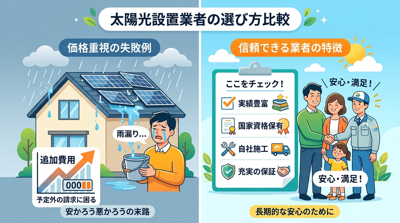 日本人と現代日本を舞台にすること, 太陽光設置業者の選び方を解説するインフォグラフィック。画面を左右に分割した比較図で、左に「価格重視の失敗例」として雨漏りで泣く家と追加費用に困る人物、右に「信頼でき