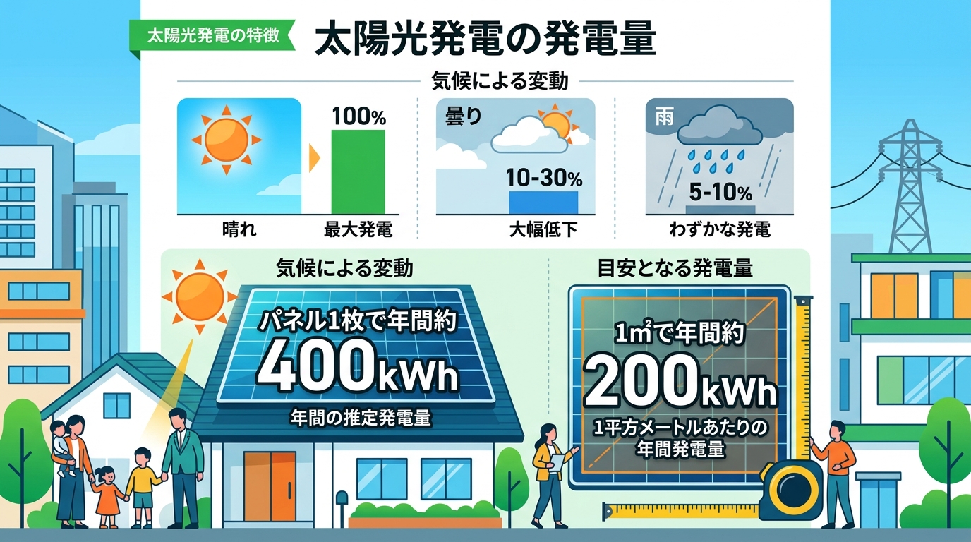 日本人と現代日本を舞台にすること, 「太陽光発電の発電量」をテーマにしたインフォグラフィック。「パネル1枚で年間約400kWh」「1㎡で年間約200kWh」という情報をアイコン付きで大きく表示。上部に