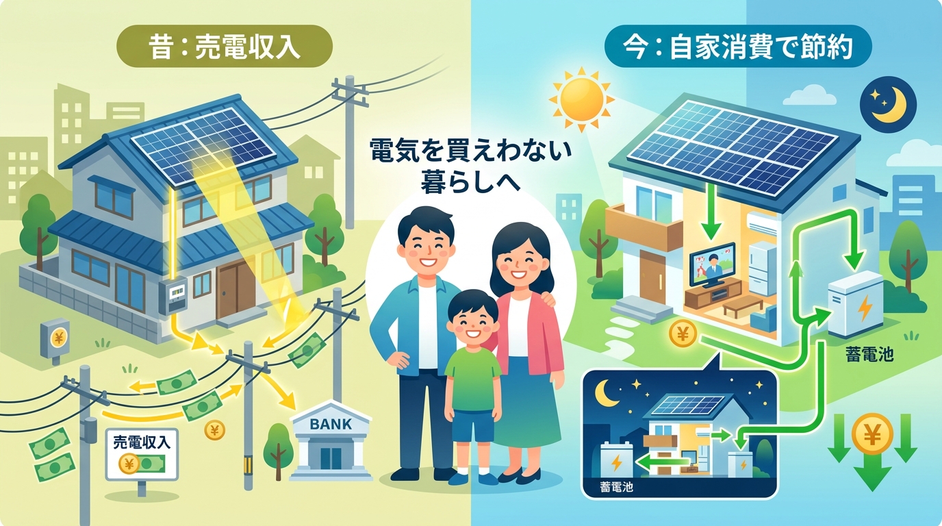 日本人と現代日本を舞台にすること, インフォグラフィック、フラットデザイン。太陽光発電の「売電」と「自家消費」を比較する図解。左に「昔：売電収入」としてパネルから電線へお金が流れるイメージ。右に「今：