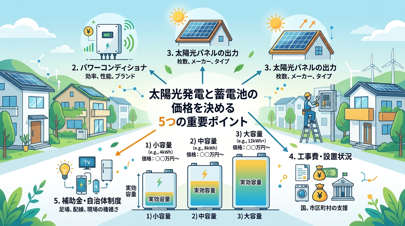 日本人と現代日本を舞台にすること, 太陽光発電と蓄電池の価格を決める5つの重要ポイントをテーマにしたインフォグラフィック。中央のタイトルから放射状に「蓄電池の容量」「パワーコンディショナ」など5つの要