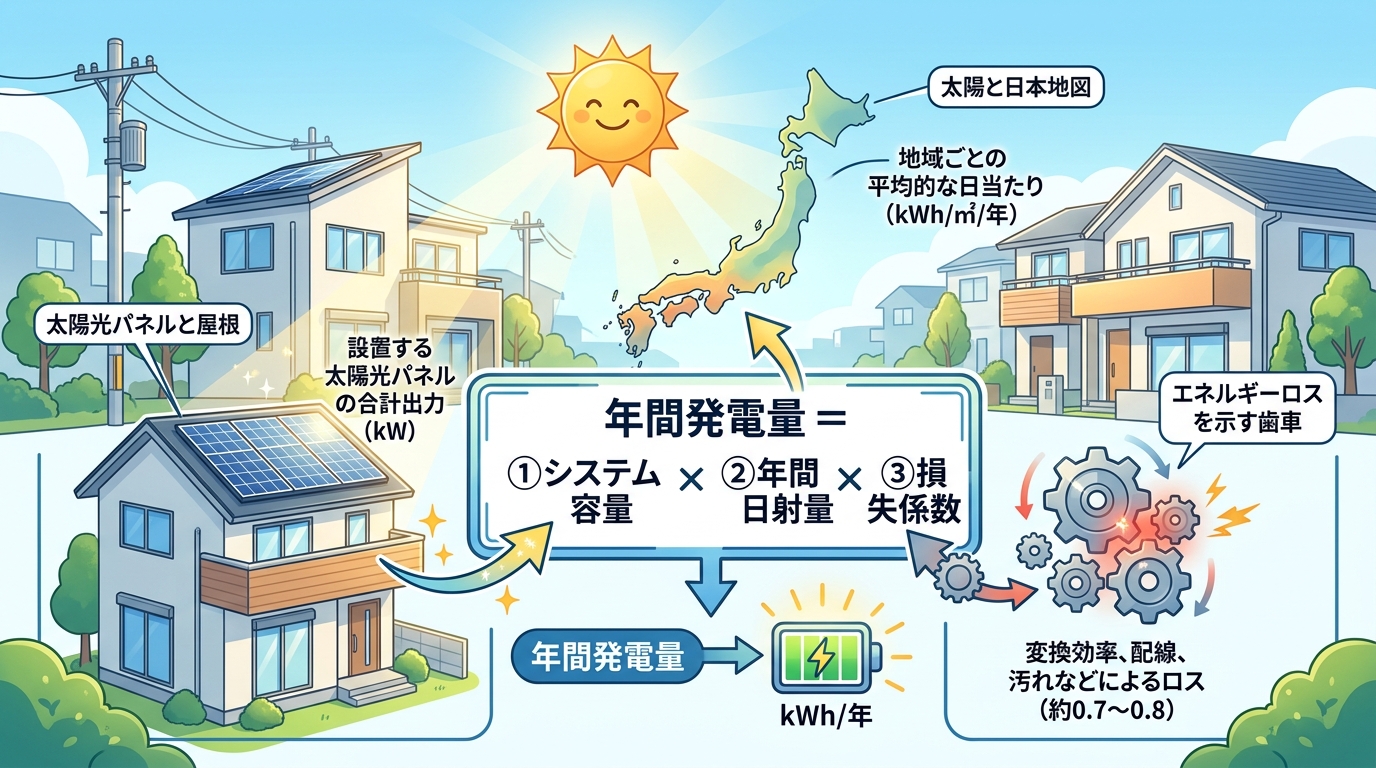 日本人と現代日本を舞台にすること, 太陽光発電量の計算方法を解説するインフォグラフィック。クリーンで分かりやすいデジタルイラスト風。中央に「年間発電量 = ①システム容量 × ②年間日射量 × ③損失