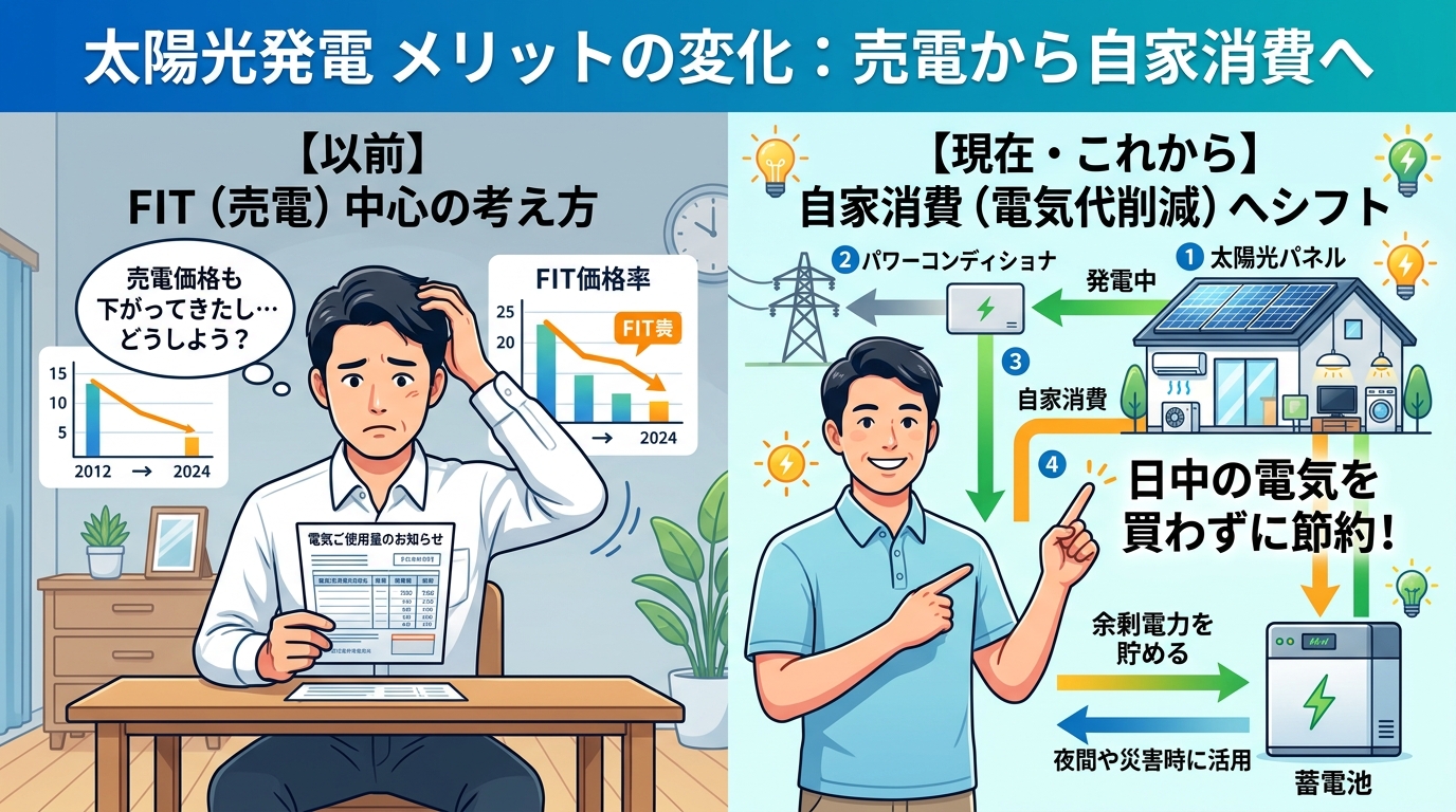 日本人と現代日本を舞台にすること, 太陽光発電のメリットの変化がわかるインフォグラフィック。デジタルイラスト、フラットデザイン。画面を左右に分割し、左側には電気代の請求書を見て「売電価格が不安…」と悩